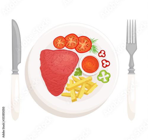 Steak on a plate isolated on a white background top view. Steak and chips with a vegetable side dish and sauce. Served grilled dinner. Vector illustration in cartoon style.