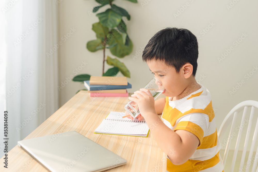 Portrait of little Asian boy drinking water while using laptop, sitting at desk and doing homework. E-learning and education concept. Portrait of little Asian boy drinking water while using laptop, sitting at desk and doing homework. E-learning and education concept.