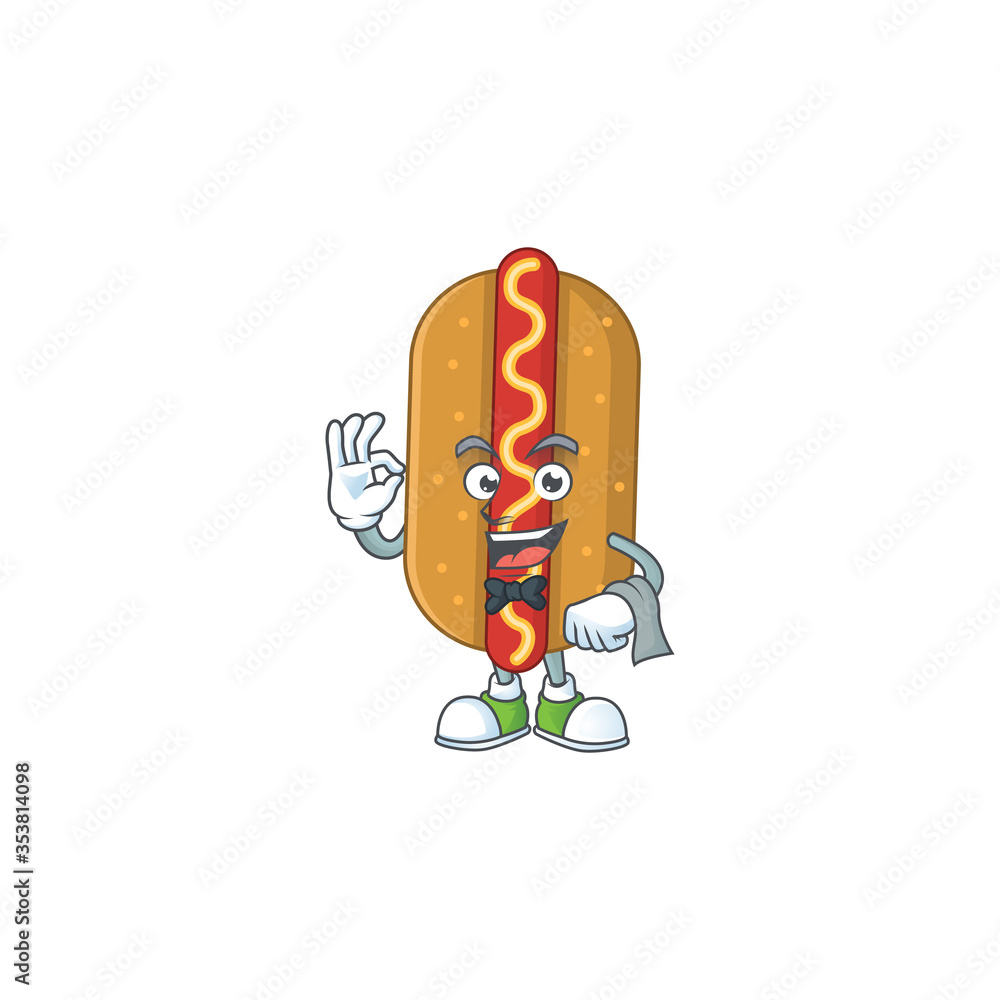 A cartoon image of hotdog as a waiter character ready to serve A cartoon image of hotdog as a waiter character ready to serve
