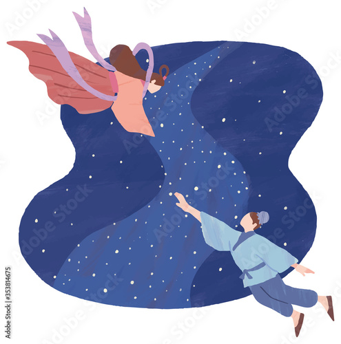 織姫　彦星　天の川　再会　七夕　イラスト　水彩