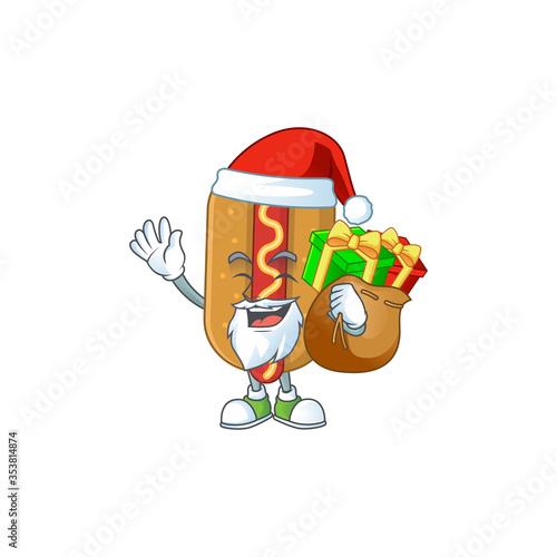 Santa hotdog Cartoon drawing design with sacks of gifts