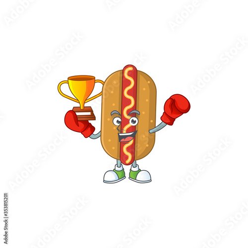 Proudly face of boxing winner hotdog cartoon character design