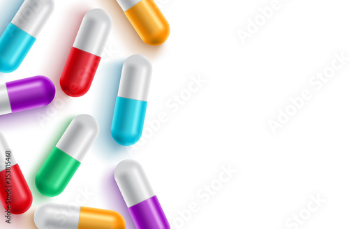 Medicine capsule vector background template. Medicine capsule and colorful drug pills with empty white space for text for medical prescriptions design background. Vector illustration.
