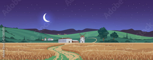 New moon above wheat fields flat color vector illustration