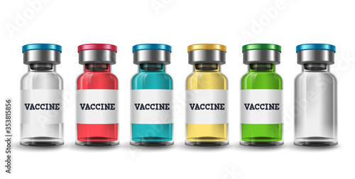 Vaccine bottle vector set. Vaccine bottle mockup with various colors for vaccination and immunization design elements isolated in white background. Vector illustration.

