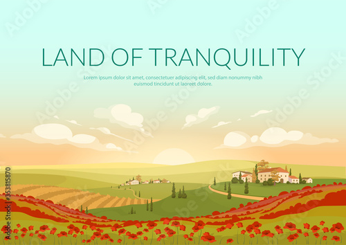 Land of tranquillity poster flat vector template