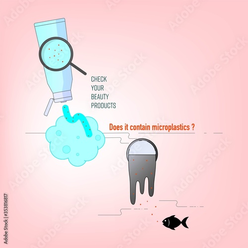 Check your beauty product. Does it contain microplastics? Plastic microbead ban. Vector illustration outline flat design style.