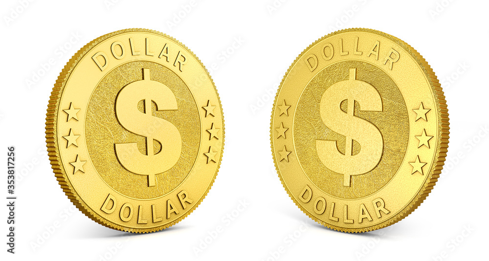 Gold coins with US dollar sign isolated on a white background. 3d illustration. 3d rendering. Gold coins with US dollar sign isolated on a white background. 3d illustration. 3d rendering.