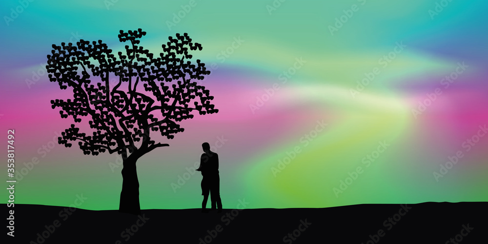 couple in love under a tree with aurora borealis polar lights background vector illustration EPS10 couple in love under a tree with aurora borealis polar lights background vector illustration EPS10