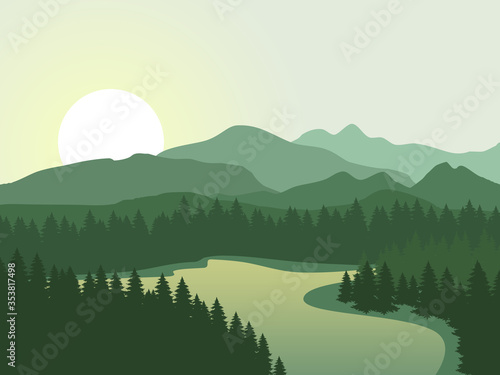 Mountain landscape with lake and forest in green colors