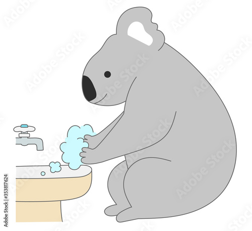 Koala bear washing his hands with soap. Vector illustration isolated on white background.
