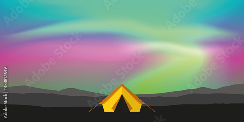 yellow tent camping adventure with aurora borealis polar lights background vector illustration EPS10