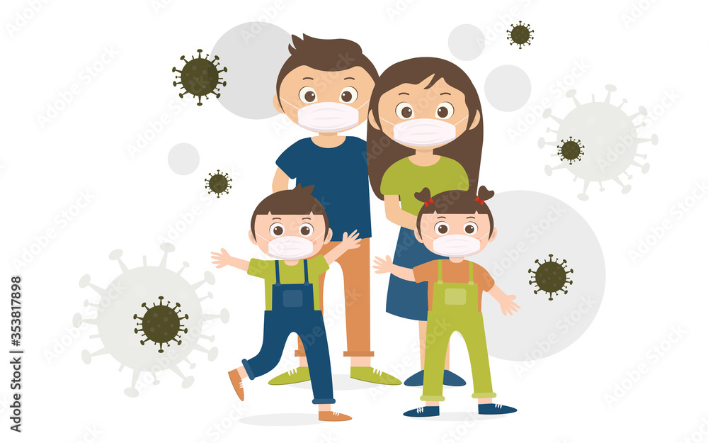 The family is protecting children and them from the COVID-19 virus and wearing masks and stopping the spread of the virus.Coronavirus quarantine. Vector illustration The family is protecting children and them from the COVID-19 virus and wearing masks and stopping the spread of the virus.Coronavirus quarantine. Vector illustration