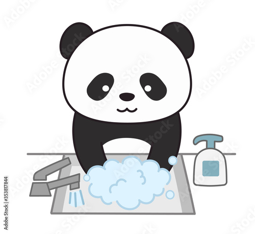 Giant panda washing his hands using a hand sanitizer. Vector illustration isolated on white background.