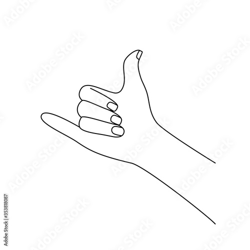 hand with surfing gesture icon. concept of adventure on the road, hitchhiking, vacation at sea. fun emblem for surfing club logo. simple black linear sign isolated on white background