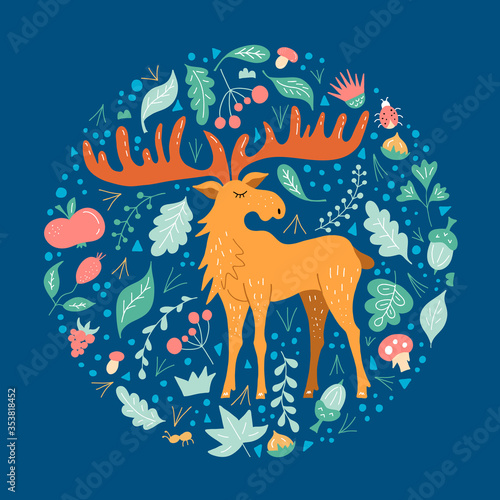 Round frame with a moose surrounded by leaves. Cute animal with big rocks in the forest. Hand-drawn vector cartoon illustration. Composition with a good moose for a card or a decor of a nursery.