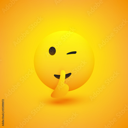 Winking, Shushing Face Showing Make Silence Sign - Simple Emoticon on Yellow Background - Vector Design Illustration