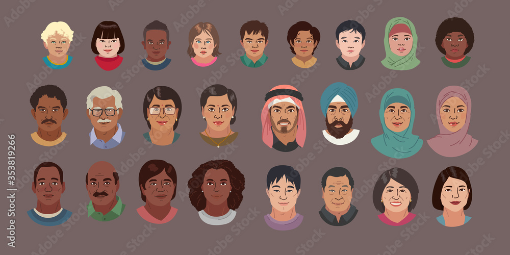 People Head Avatar Set. Different Smile Characters. Man and Woman Portrait Cartoon Illustration. Children and Older people. Chinese African Indian Arab and White Faces. Vector Illustration People Head Avatar Set. Different Smile Characters. Man and Woman Portrait Cartoon Illustration. Children and Older people. Chinese African Indian Arab and White Faces. Vector Illustration