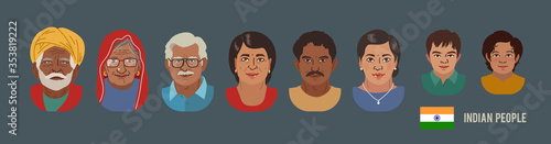 Indian People Head Avatar Set. Different Characters. Man Woman and Children Portrait Cartoon Illustration. Children Adult and Older people. Indian Faces. Vector Illustration