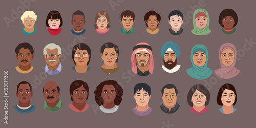 People Head Avatar Set. Different Smile Characters. Man and Woman Portrait Cartoon Illustration. Children and Older people. Chinese African Indian Arab and White Faces. Vector Illustration