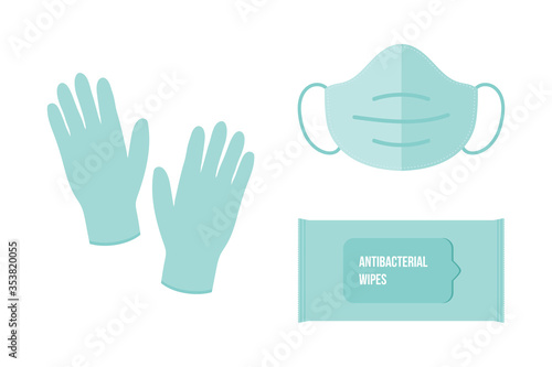 Antibacterial wipes, medical face mask, rubber gloves vector icons, illustration. Coronavirus, covid-19 protection measures.

