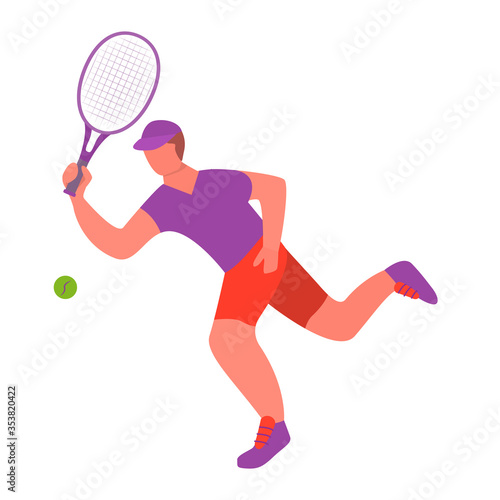 Tennis player man hitting ball with racket.A male athlete doing sport.Young guy playing outside.Vector illustration isolated on white background. © dukesn