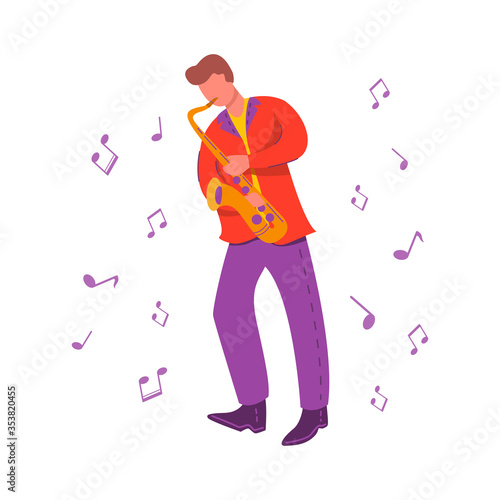 A young guy saxophone player.Modern flat vector illustration notes.Man is a jazz musician plays on a musical instrument. .