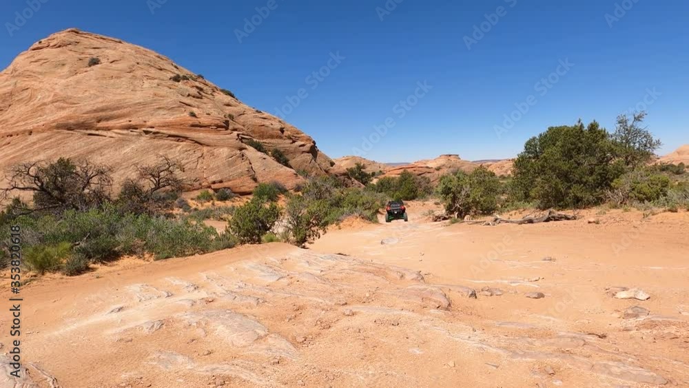 Rough rocky trail Moab Utah desert off road recreation POV 2 4K. In south eastern Utah desert. Tourists and visitors worldwide come to nearby Arches and Canyonlands National Parks. Rough rocky trail Moab Utah desert off road recreation POV 2 4K. In south eastern Utah desert. Tourists and visitors worldwide come to nearby Arches and Canyonlands National Parks.