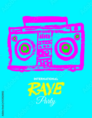 Poster dj party design electronic music vector background. Vector poster with pink vintage portable audio cassette player and lettering rave. EDM acid colors design.