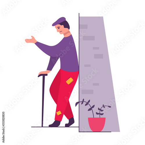 Homeless adult people begging money.Beggar character wearing ragged clothing.Poor man begging for help beggar.Cartoon character vector flat illustration.