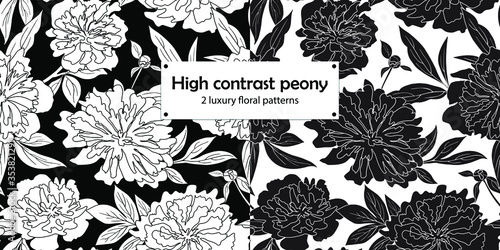 High contrast hand drawn outlined peony on black and white background. Vector illustration seamless asian floral pattern set for fashion fabric, wrapping paper of wallpaper design #2