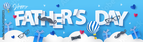 Happy Fathers Day greeting design with origami hearts over clouds, air balloons, gifts, mustache, glasses, bow tie. Holiday illustration for greeting card, banner, social media, promotion and sale