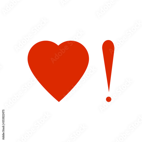Red heart with exclamation mark, isolated simple vector illustration