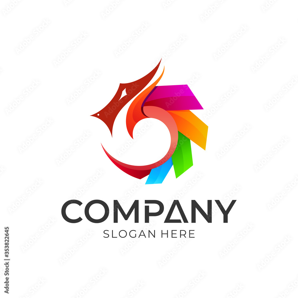 Obraz premium dragon logo design, abstract gradient snake logo concept, colorful monster mascot vector