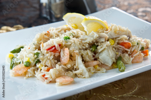 basmati rice with capsicum and shrimp, selective focus