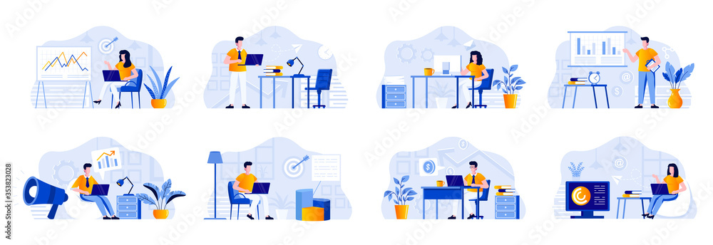 Marketing department bundle with people characters. Marketers working with laptops and doing presentation with diagrams in office situations. Marketing research and analysis flat vector illustration.