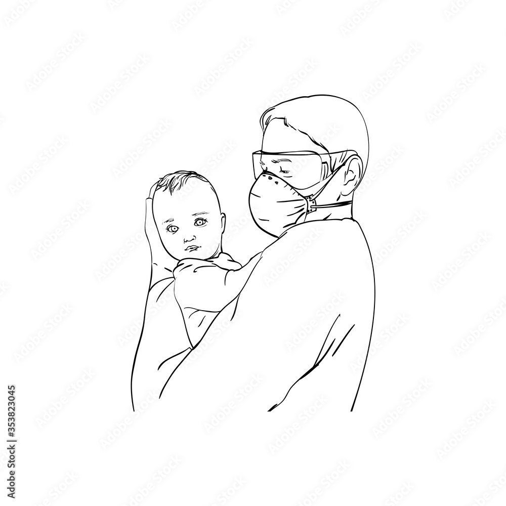 Man in a protective suit from germs, viruses and a Medical Face mask holds a baby in his arms. Medic in a respirator, protection against Coronavirus infection and a child. Father and son. Vector 