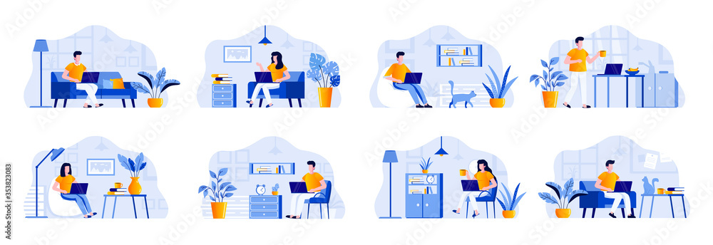 Freelance scenes bundle with people characters. Freelancer working with laptop in comfortable conditions at home office situations. Distance working, self-employed occupation flat vector illustration.
