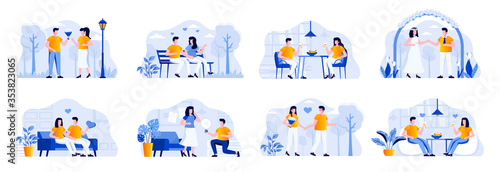 Love couple bundle with people characters. Couple walking in park, romantic date in restaurant, man proposing girl to marry, wedding ceremony situations. Romantic relationship flat vector illustration