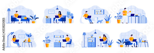 Freelance scenes bundle with people characters. Freelancer working with laptop in comfortable conditions at home office situations. Distance working, self-employed occupation flat vector illustration.
