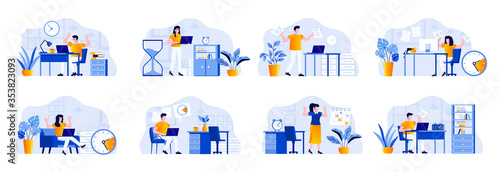 Deadline scenes bundle with people characters. Tired employees hurrying up on deadline at workplace, stressful situation and overtime work. Time management and effectivity flat vector illustration.