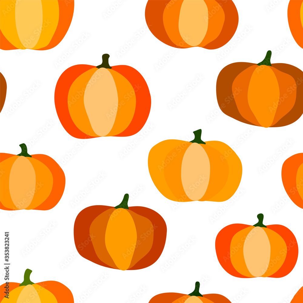 Fall seamless pumpkin pattern. Pumpkins isolated on white background. Natural autumn vegetables. Seasonal vector illustration for wallpaper, wrapping paper. Autumn image for Halloween and Thanksgiving