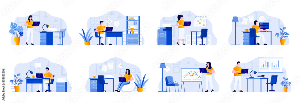 Office management scenes bundle with people characters. Businesspersons working with computer at workplace in office situations. Tasks management and work organization flat vector illustration Office management scenes bundle with people characters. Businesspersons working with computer at workplace in office situations. Tasks management and work organization flat vector illustration