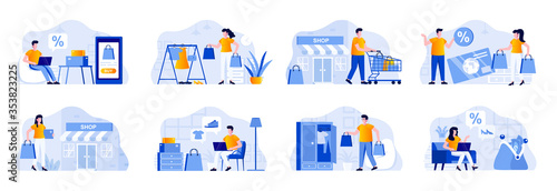 Shopping scenes bundle with people characters. Shopper carry shopping bags, online order and delivery at home, internet discount marketplace situations. Shopping people flat vector illustration.