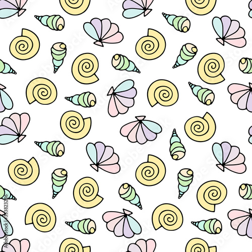 Seashells seamless vector drawing pattern. Cartoon pastel sea snails isolated on white background. Random shells aquatic Illustration for wallpaper, wrapping paper, textiles, summer decoration clothes