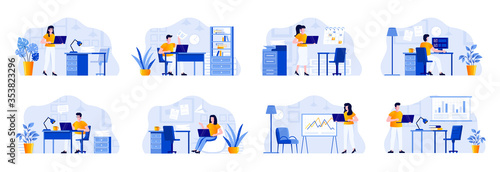 Office management scenes bundle with people characters. Businesspersons working with computer at workplace in office situations. Tasks management and work organization flat vector illustration