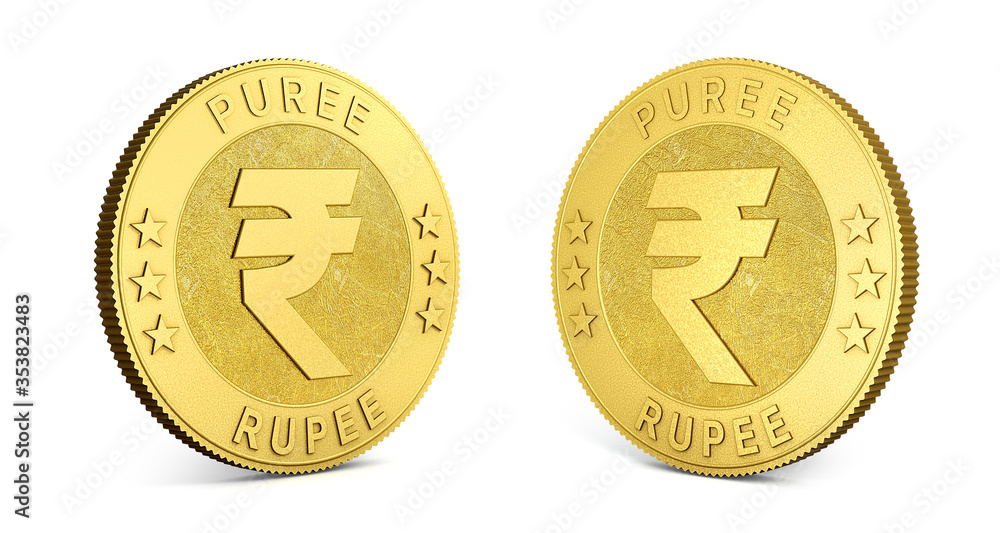 Gold coins with Indian Rupee sign isolated on a white background. 3d illustration. 3d rendering. Gold coins with Indian Rupee sign isolated on a white background. 3d illustration. 3d rendering.