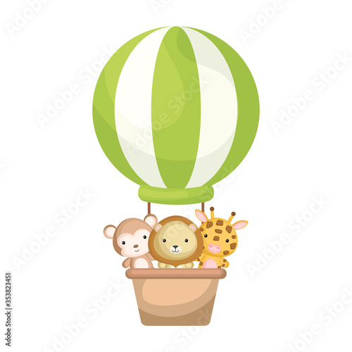 Cute baby animals in the green hot air balloon. Graphic element for childrens book, album, scrapbook, postcard, invitation, mobile game.