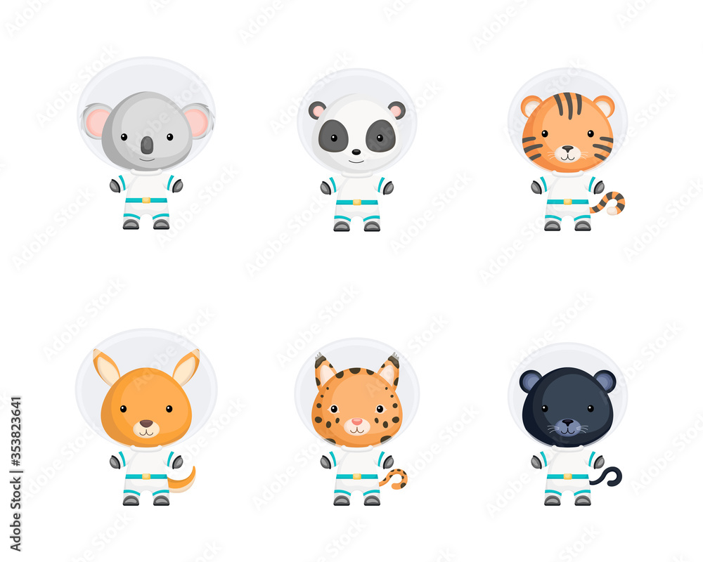 Set of cute spacemen animals. Adorable animals characters for design of album, scrapbook, card, poster, invitation. Set of cute spacemen animals. Adorable animals characters for design of album, scrapbook, card, poster, invitation.