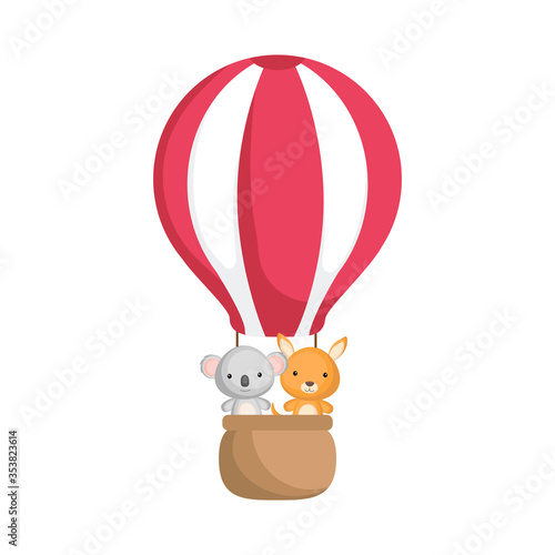 Cute baby koala and kangaro in hot air balloon. Graphic element for childrens book, album, scrapbook, postcard, invitation, mobile game.